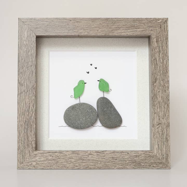 Two Green Sea Glass Birds on Beach Rocks for wholesale by Driftsea Creations