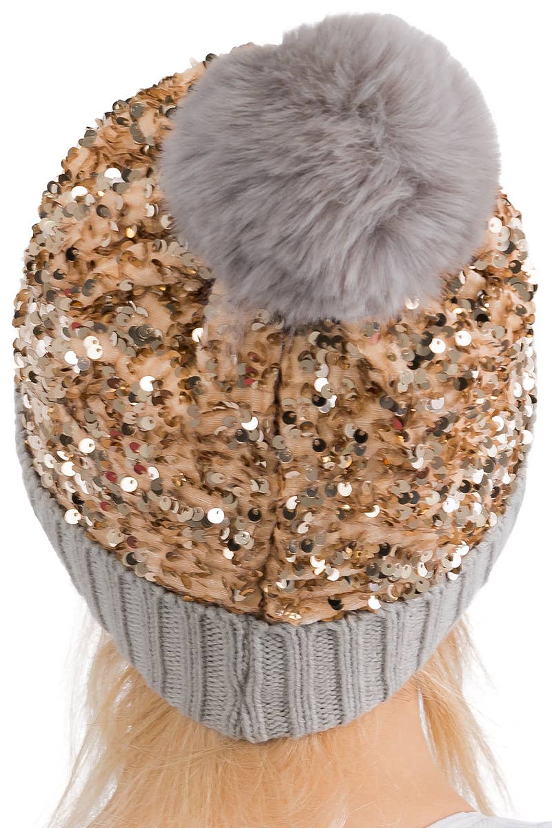 Cap Zone - Vente Bonnet – femme - Bonnet à pompon en tricot à paillettes métalliques Beazzled12