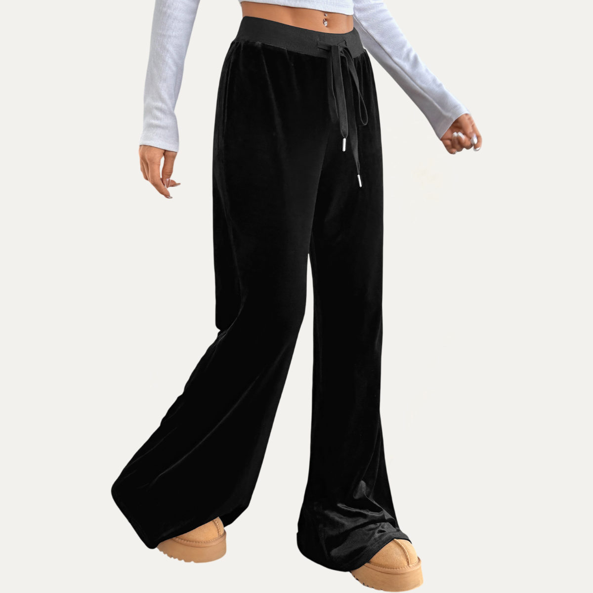 Preto Calças Confortáveis de Veludo Preto de Cintura Alta e Pernas Largas para venda a revendedores na Faire6
