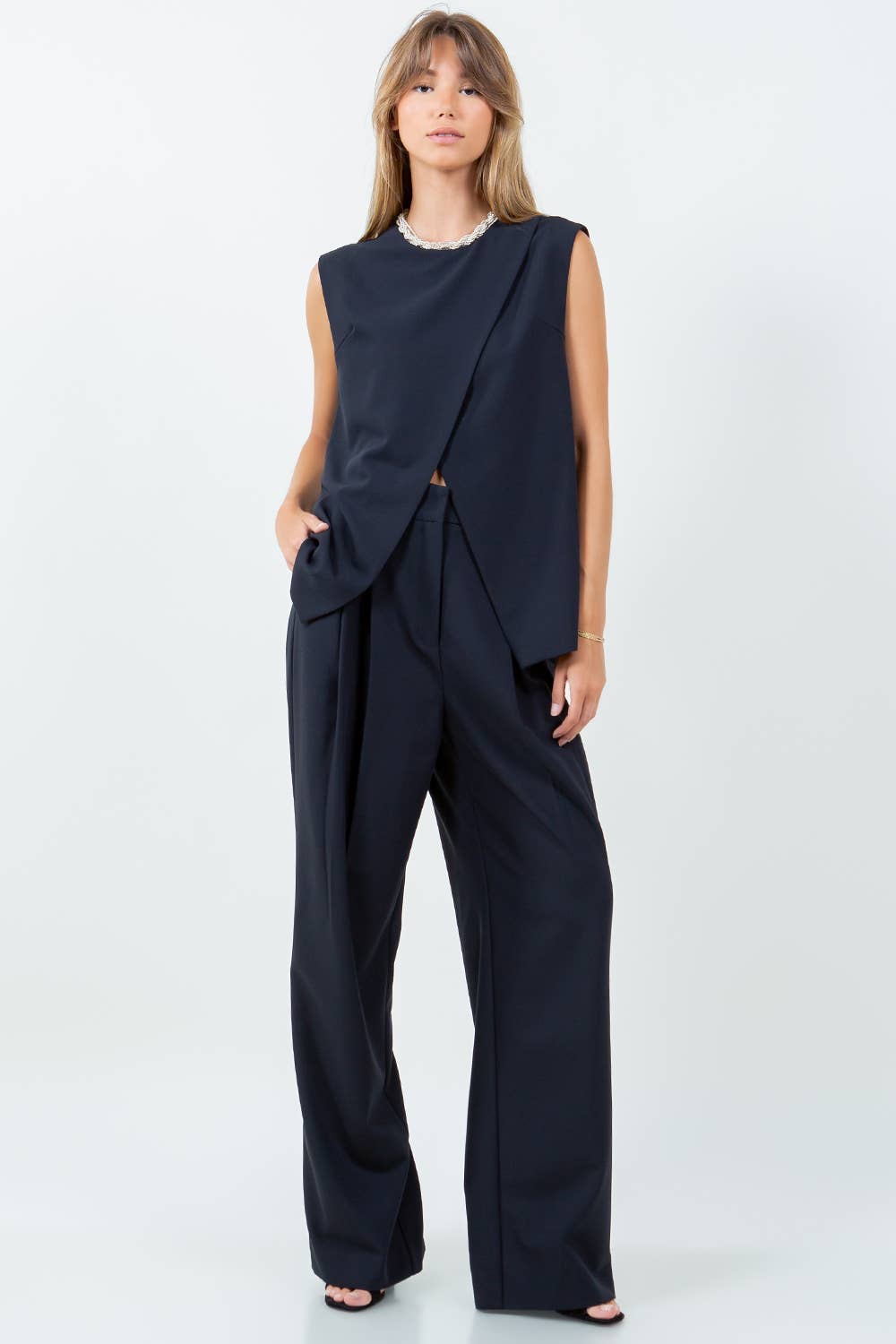 OVERLAP DETAILED WOVEN SLEEVELESS TOP - DK NAVY for wholesale on Faire5