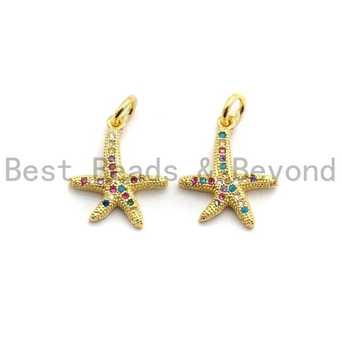 Colgante de estrella de mar micro pavé colorido CZ, colgante de pavé en forma de estrella de mar, chapado en oro, 13x15 mm, SKU #F686 para venta al por mayor de BestBeads&Beyond