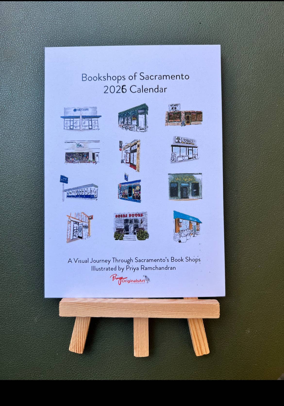 PriyaOriginalsArt - Wholesale Calendar - Bookshops of Sacramento 2026 Desktop Calendar + easel1