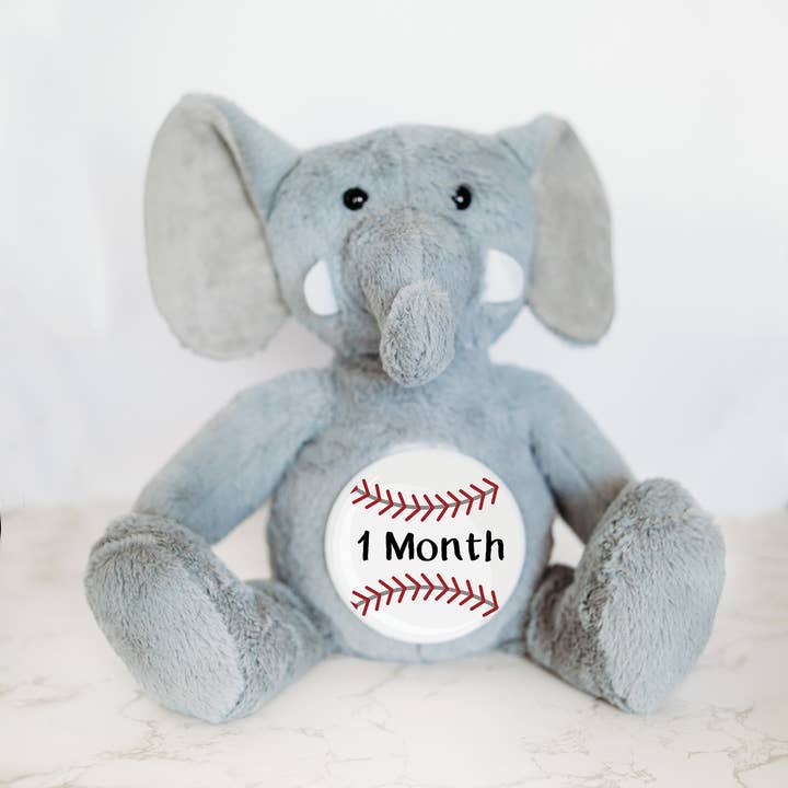 Monthly Milestone Tracker, Elephant Stuffed Animal for wholesale by Grow With Me Baby Co