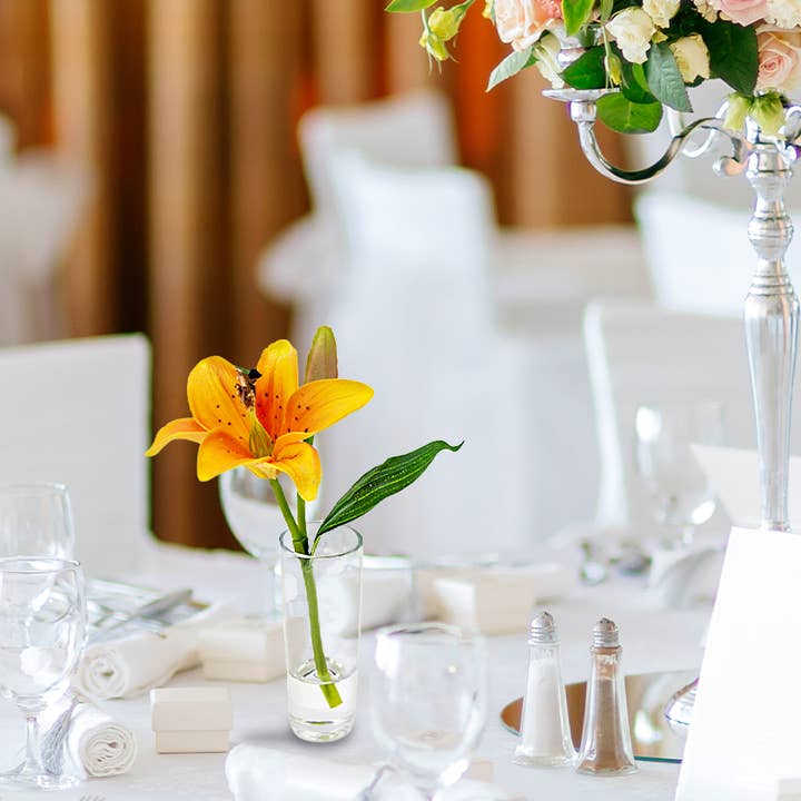 Jamali Garden - Wholesale Artificial Flowers - Orange Lily & Bud in Clear Shot Glass1