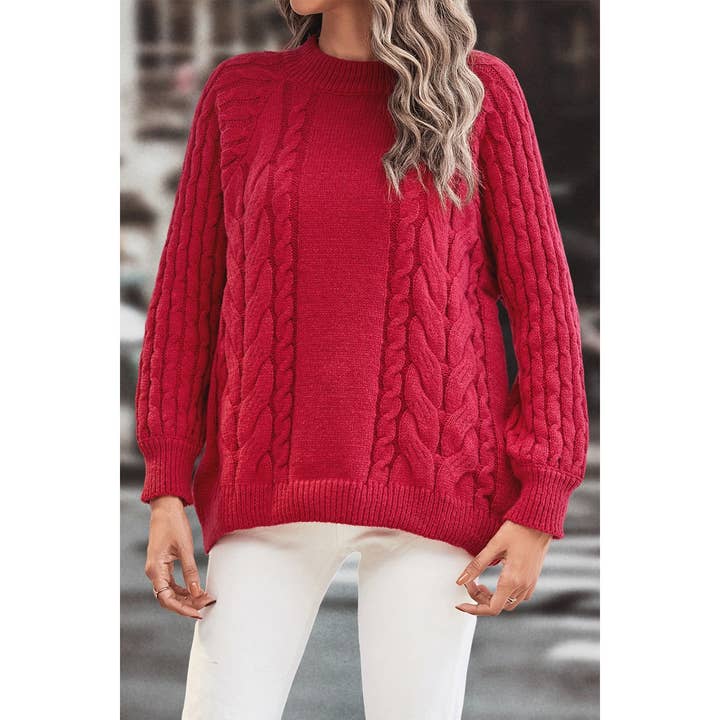 WINE Solid Round Neck Cross Knit Loose Pullover Sweater for wholesale on Faire