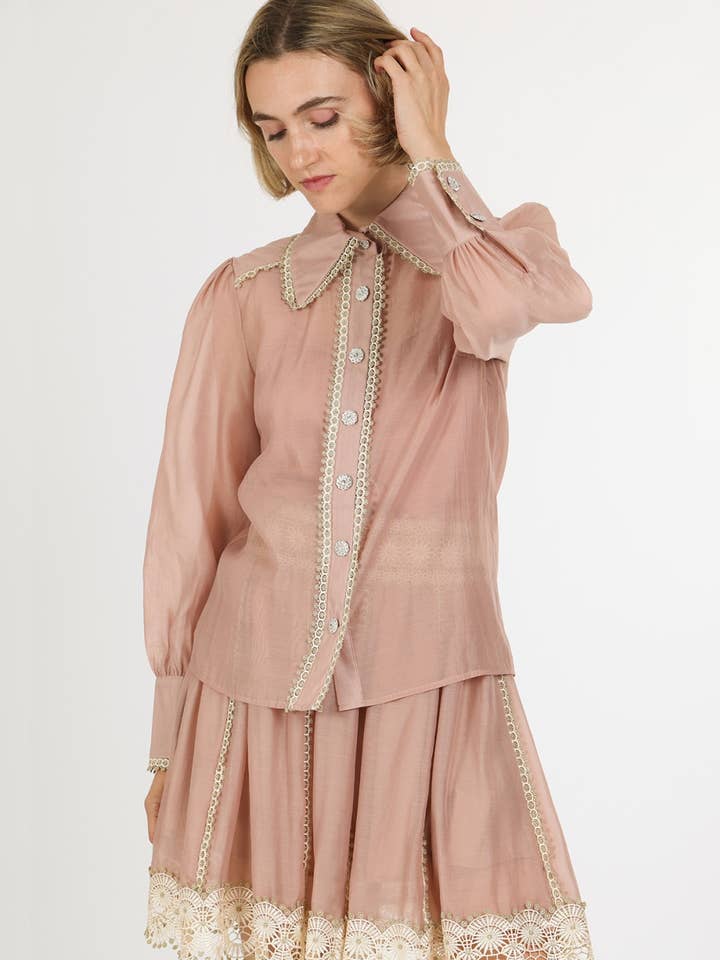 Set Camicia in Chiffon con Dettaglio in Pizzo e Gonna Mini QC6144 per la vendita all'ingrosso da parte di Beulah Style