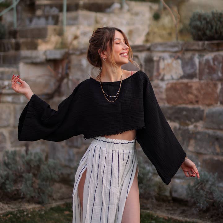 Black Off Shoulder Crop Top Blouse for wholesale by Moa