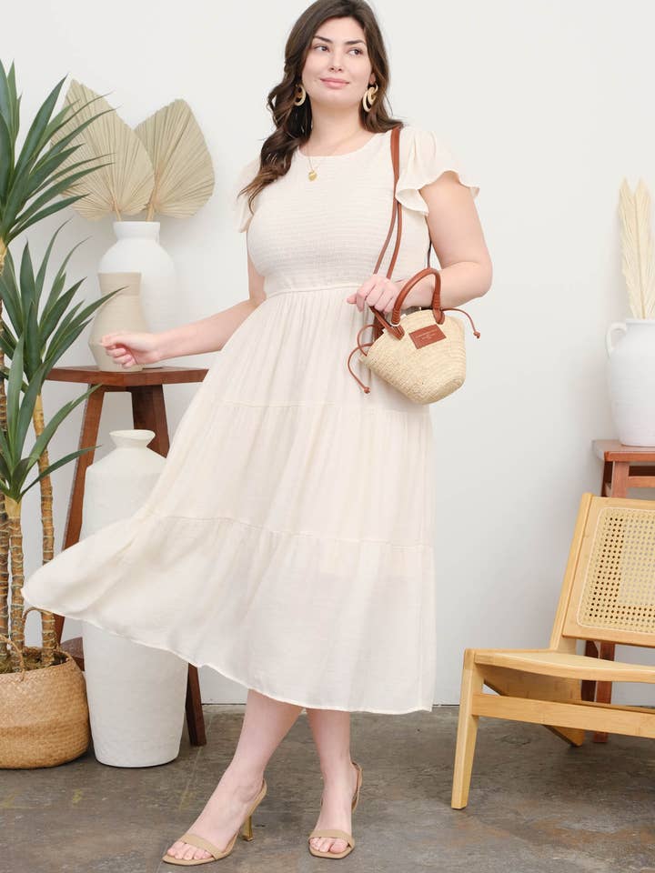 PLUS SMOCKED TIERED MIDI DRESS for wholesale by Blu Pepper