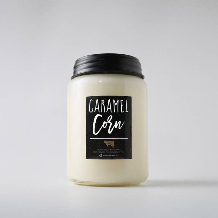26 oz Farmhouse Jar Fall Candle: Caramel Corn for wholesale by Milkhouse Candle Company