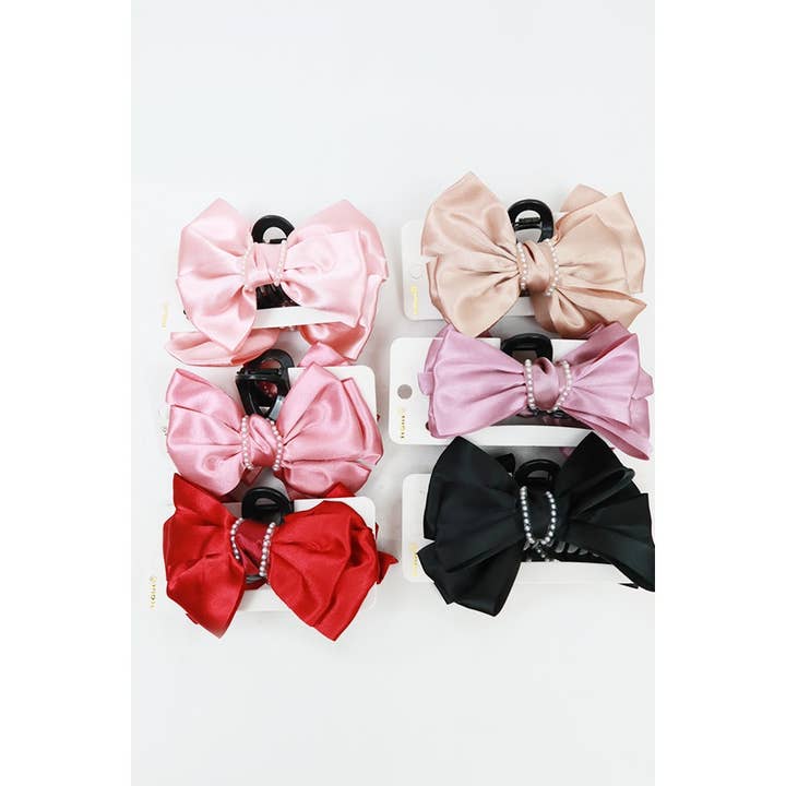MIX COLOR Satin Bow with Pearl Bead Hair Claw for wholesale on Faire