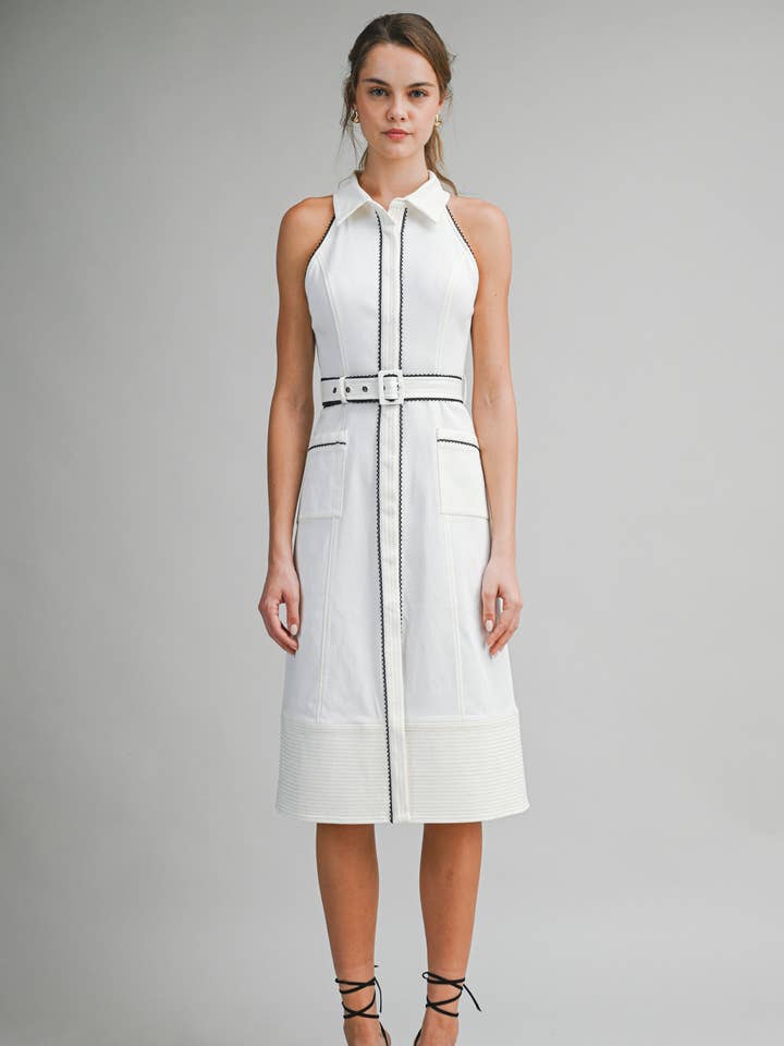 Vestito midi con cintura e bordo a contrasto modello halter ED6032A per la vendita all'ingrosso da parte di Le Cliche