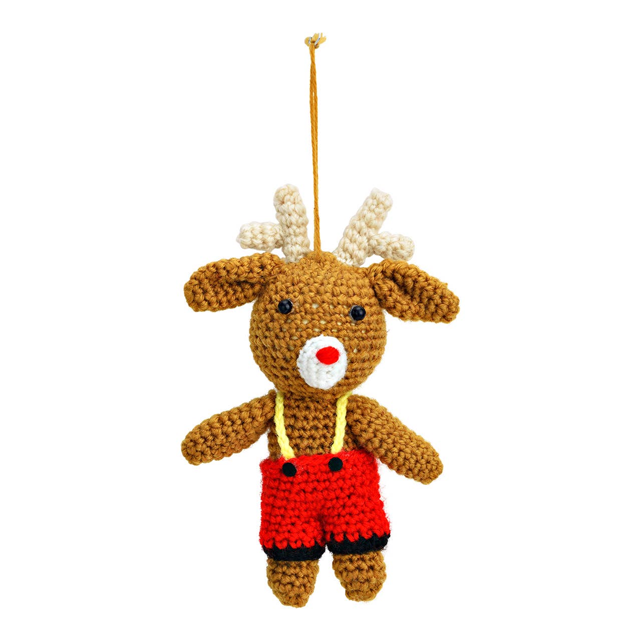 Wurm – Großhandel Weihnachtsschmuck – Hänger Hirsch mit Latzhose aus Textil, Braun/Rot (B/H/T) 8x13x5cm0