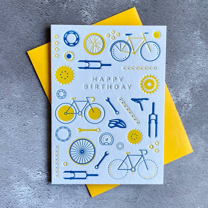Tillykke med fødselsdagen cykel Letterpress Card for engroshandel hos Heyyy Ltd