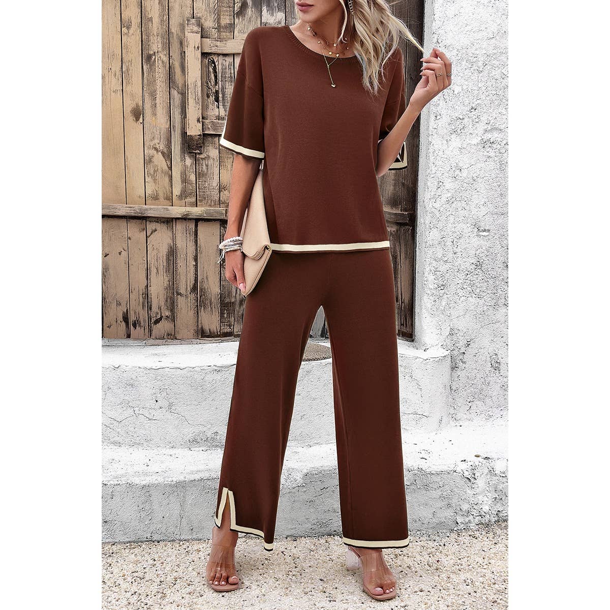 Supreme Fashion - Wholesale Top & Pant Set (NOT Loungewear) - Women's - Two Pieces Outfits Knit Short Sleeve Wide Leg Lounge Sets6