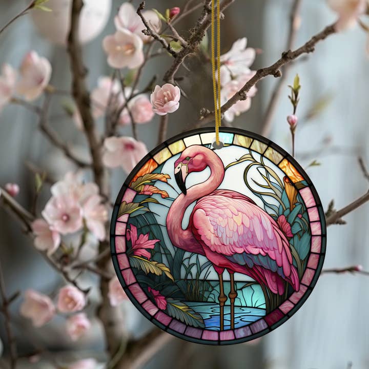 Fernville Creations - Wholesale Ornament - Flamingo Ceramic Ornament with Stained Glass Design