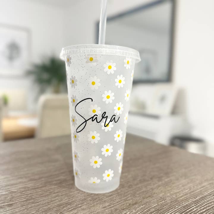 WinsterCreations™ – wholesale Drinking glass/cup – Daisy Tumbler Venti Cold Cup 24oz - With Straw - (Name Can Be Added)1