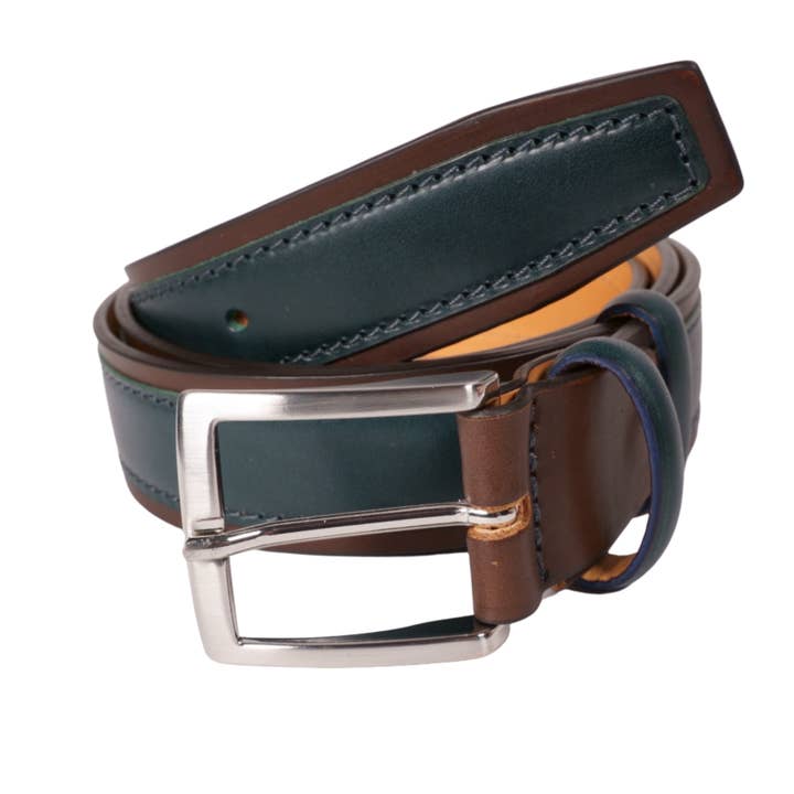 Cinturón deportivo de hombre de piel toscana marrón y verde para venta al por mayor de Tailorbelt