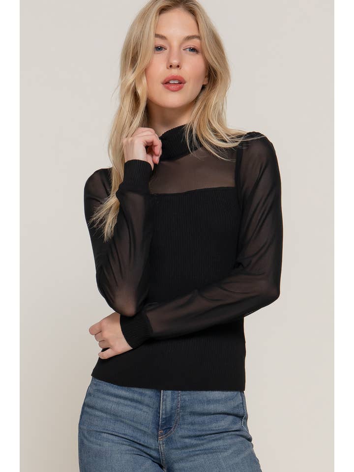 Active Basic | Active USA - Wholesale Knit Top - Women's - Long Sleeve Mock Neck Mesh Panel Detail Sweater Top