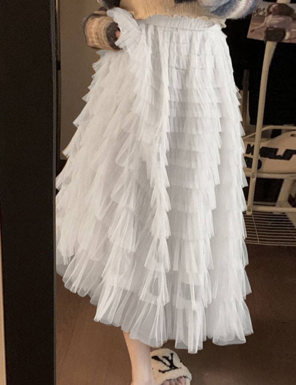 Sweetkama - Wholesale Skirt - Women's - Ladies Solid Color Ruffle Guazy Midi Skirt SKS411762