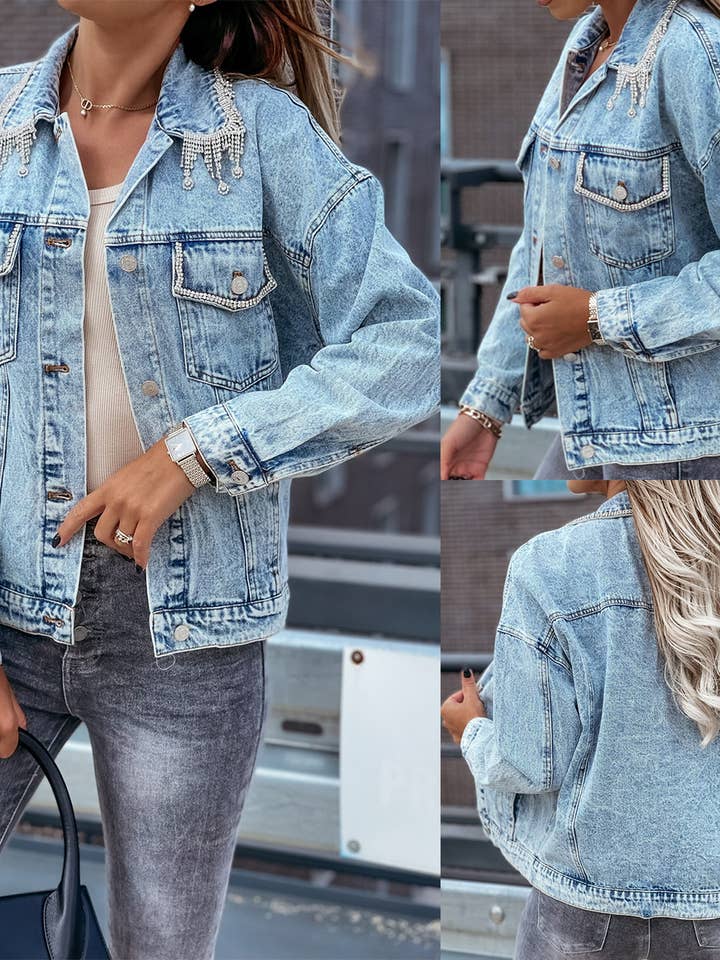 Bleu Veste en jean ornée de pampilles en strass pour femme en vente sur Faire1