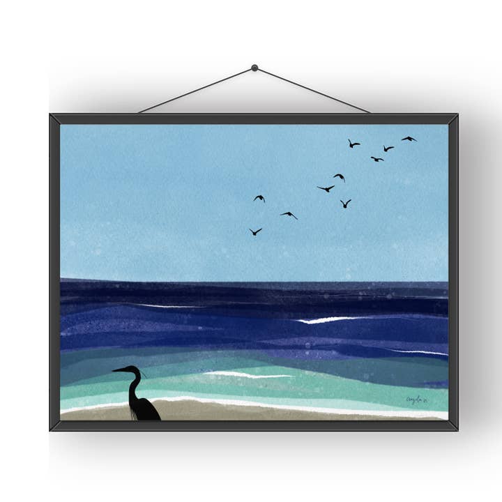 Impression artistique aquarelle Ocean Beach Surf Birds Heron pour la vente par Modera Studio