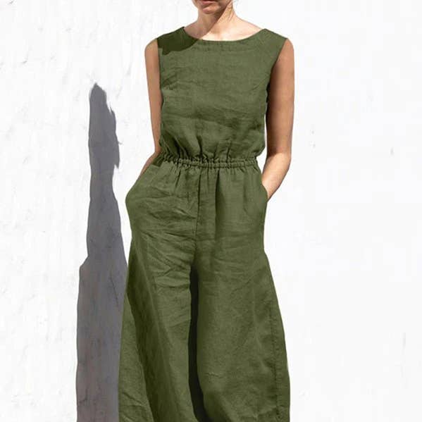 Sleeveless Wide Leg Round-Neck Jumpsuit for wholesale by Plush Looks