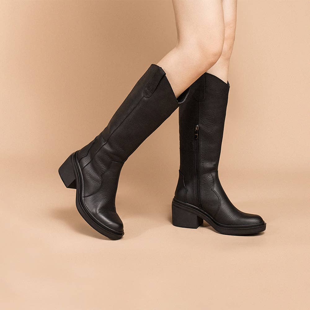 DWARVES - Vendita all'ingrosso Stivali da cowboy - Donna - Stivali al ginocchio in pelle, stivali da cowboy, stivali da equitazione retrò con tacco a blocchi, colore nero/rosso/caffè9