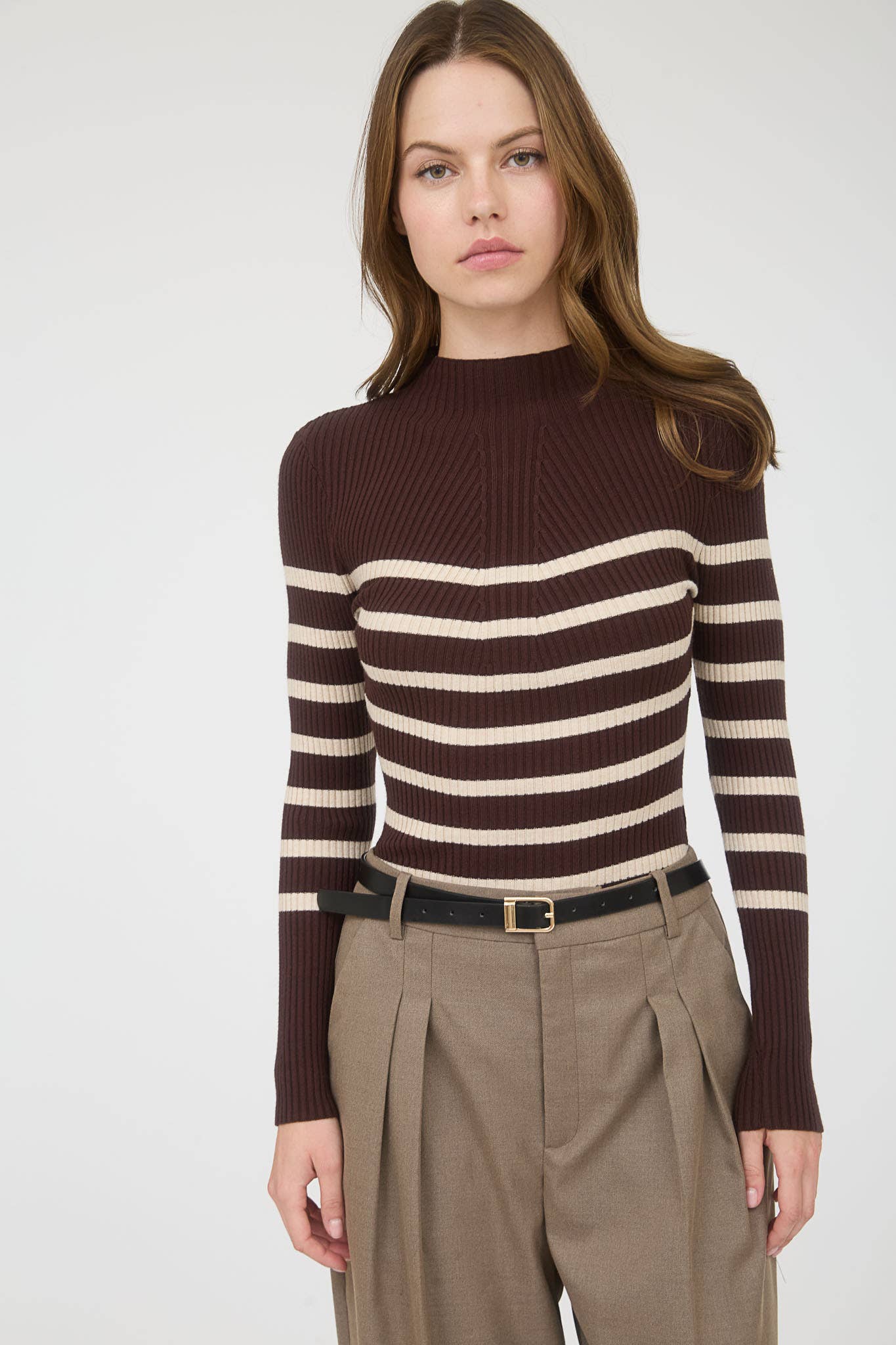 The Workshop Studio - Wholesale Knit Sweater - Women's - MOCK NECK STRIPE LONG SLEEVE SWEATER KNIT PULLOVER11