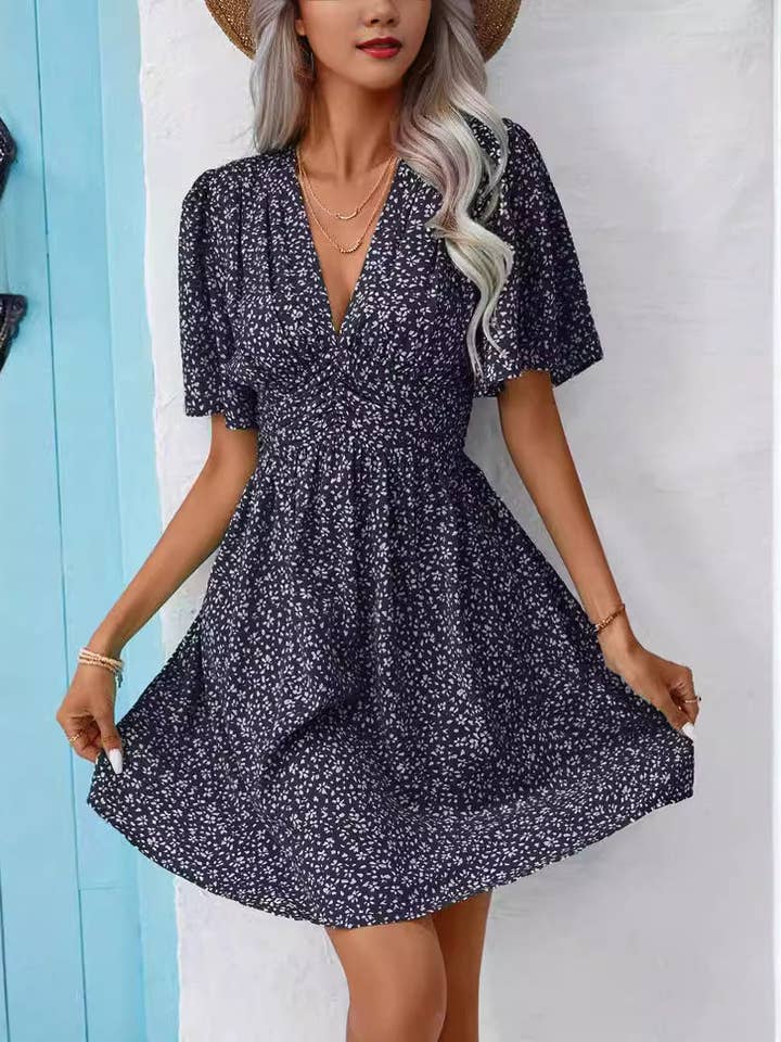 Suhkasana - Wholesale Dress - Women's - Women's V-Neck Midi Sleeve High-Waist Floral Pleated Dress0