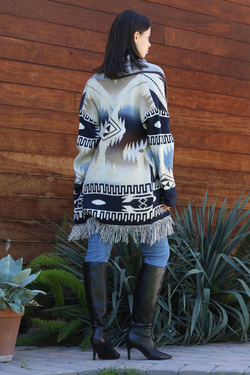ANGIE - Wholesale Knit Sweater - Women's - XHS18-ASIS AZTEC FRINGE HEM AND SHAWL COLLAR CARDIGAN SWEATE1