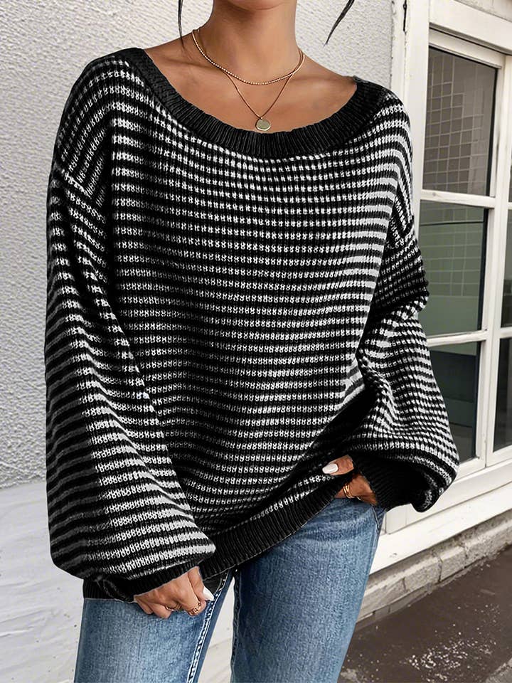 Drop Shoulders Round Neck Striped Pullover Sweater ZK3688 for wholesale by UNISHE
