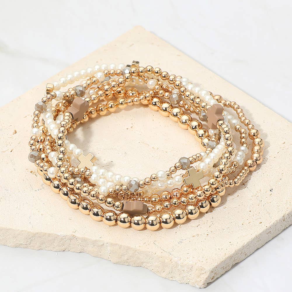 Sensibling Corp. - Wholesale Jewelry Set - 7PCS - Cross Pearl Metal Ball Beaded Stretch Multi Layered Bracelets15