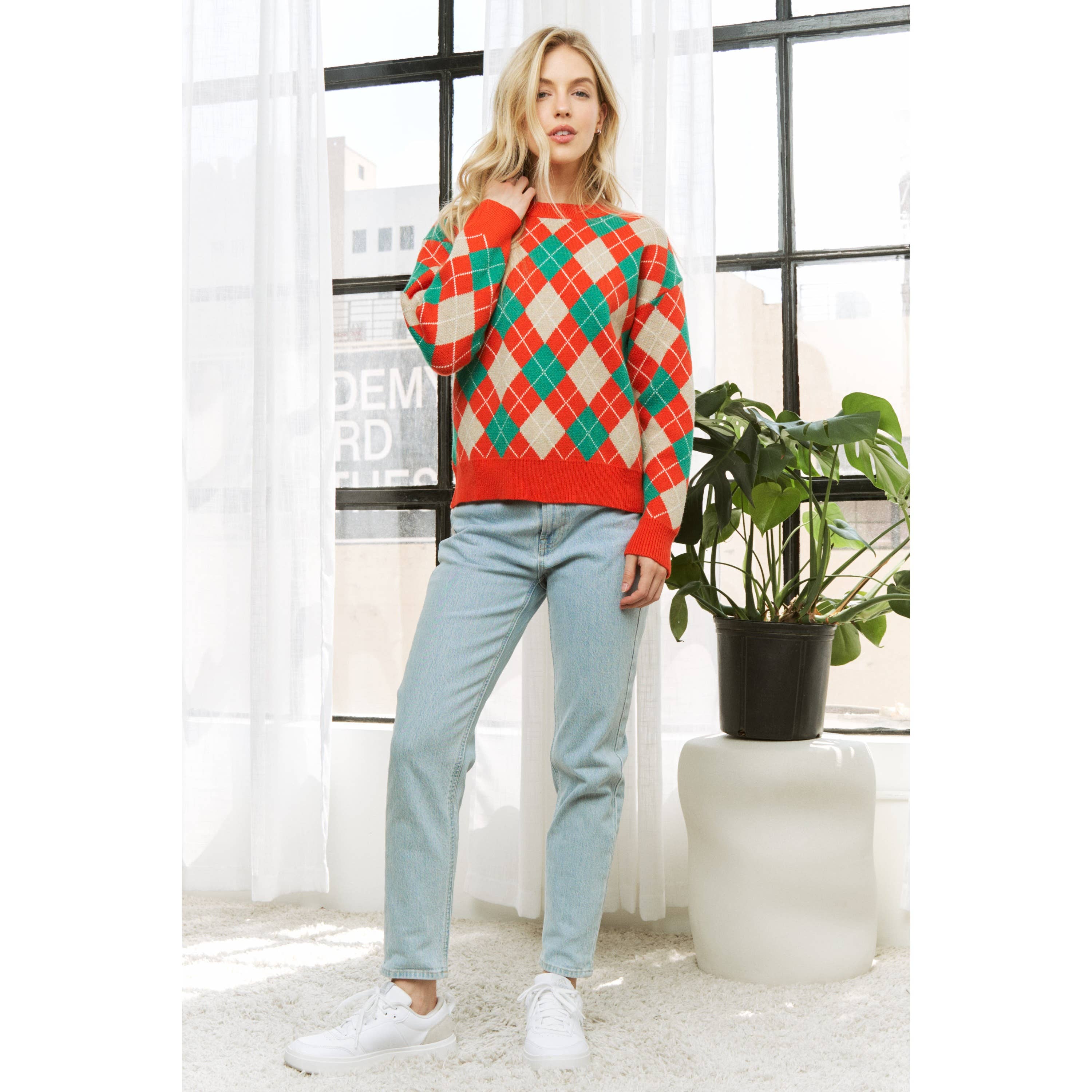 Sweet Generis - Wholesale Knit Sweater - Women's - HOLIDAY ARGYLE PATTERN DROP SHOULDER PULLOVER SWEATER11