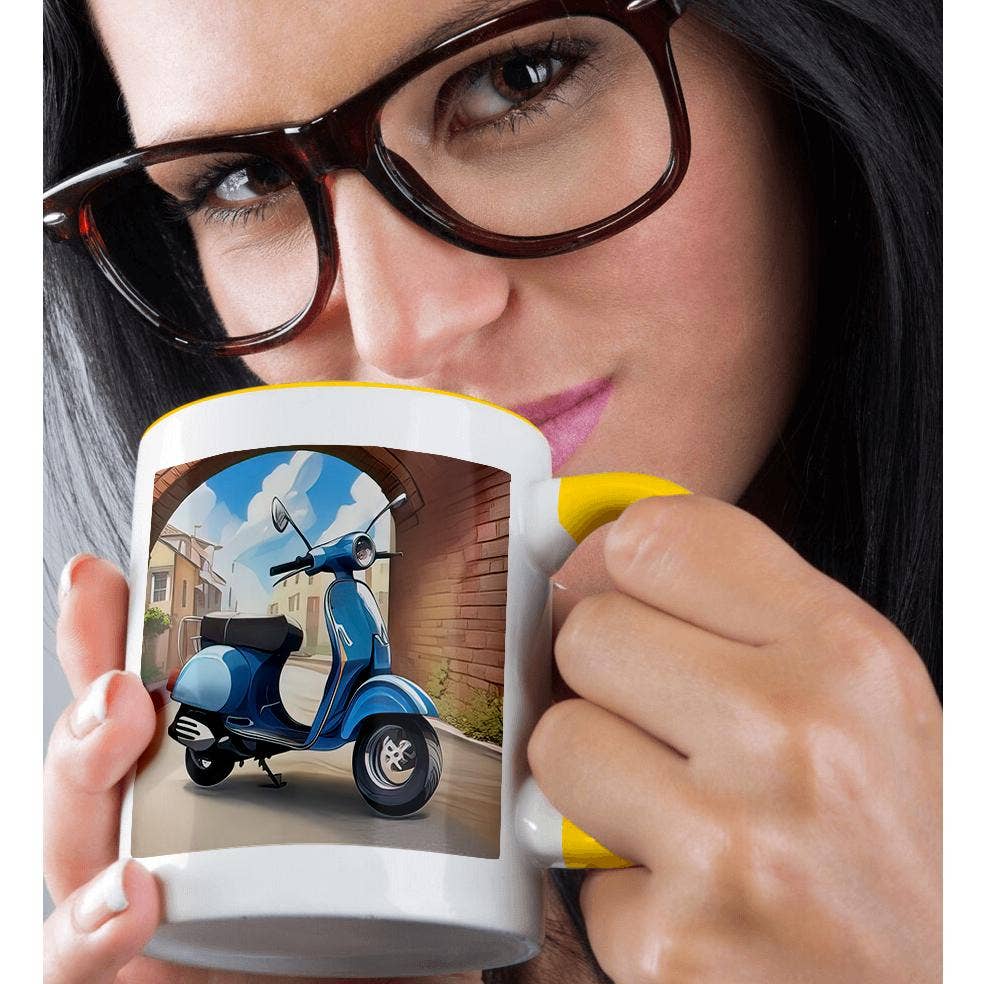 3dRose - Wholesale Coffee Mug - 3dRose, Blue classic scooter stands under the arch over the city street gift, Mug1