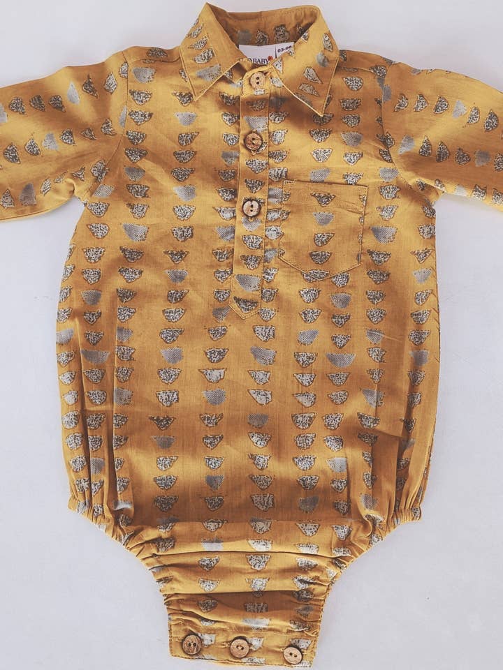 Mustard Print Long Sleeve Baby Romper for wholesale by Yo Baby