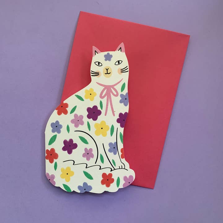 Kitty Kenda Papergoods - Wholesale Birthday card - Sitting Kitty Floral Shaped Cat Greeting Card2