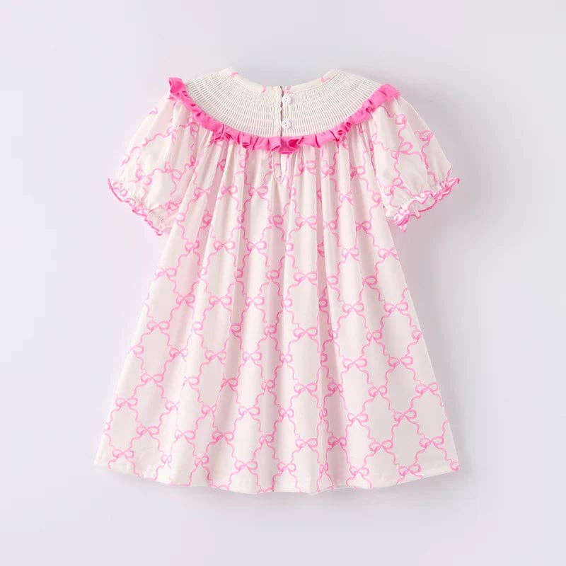 Auraquise - Vente Robe – enfant - Robe brodée smockée rose avec nœud pour filles d'été1