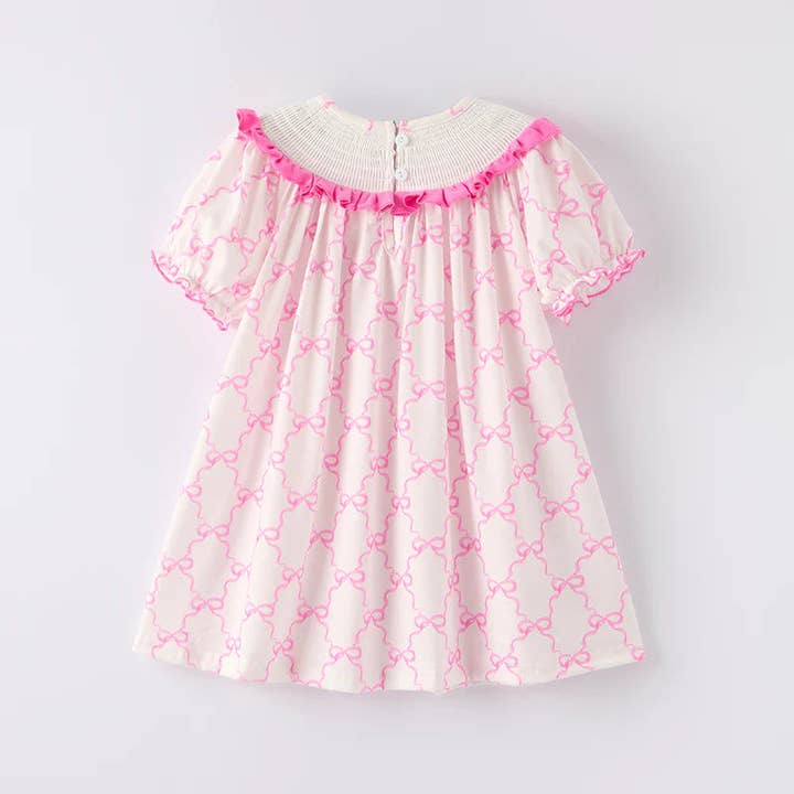 Auraquise - Wholesale Dress - Kids - Girls Summer Pink Bow Smocked Embroidered Dress1