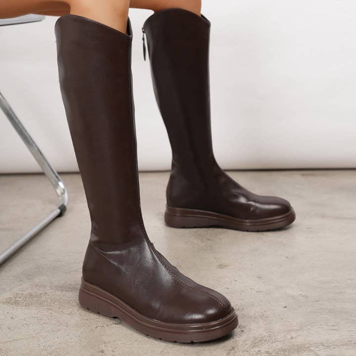 Brown Women Boots Boots Women Faux Leather Flat Boots Autumn Winter Knee Length Boots for wholesale on Faire