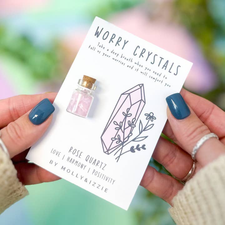 Rose Quartz Worry Crystals on Card for wholesale by by Molly&Izzie