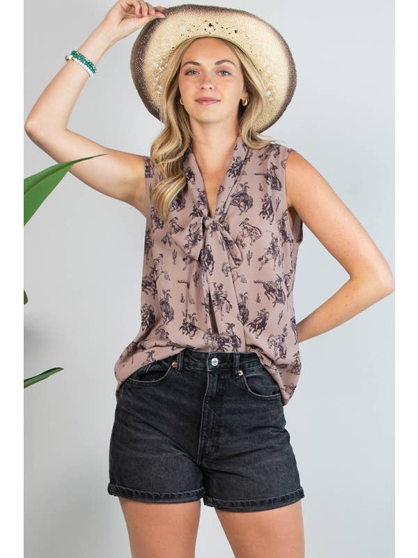 Mocha AT1289-COLETTE BUCKING HORSES PRINT FRONT TIE WOVEN TOP for wholesale on Faire