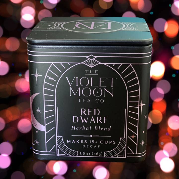 Red Dwarf Rooibos, Herbal Apricot Tea Blend 1.6oz Tin for wholesale by The Violet Moon Tea Co.