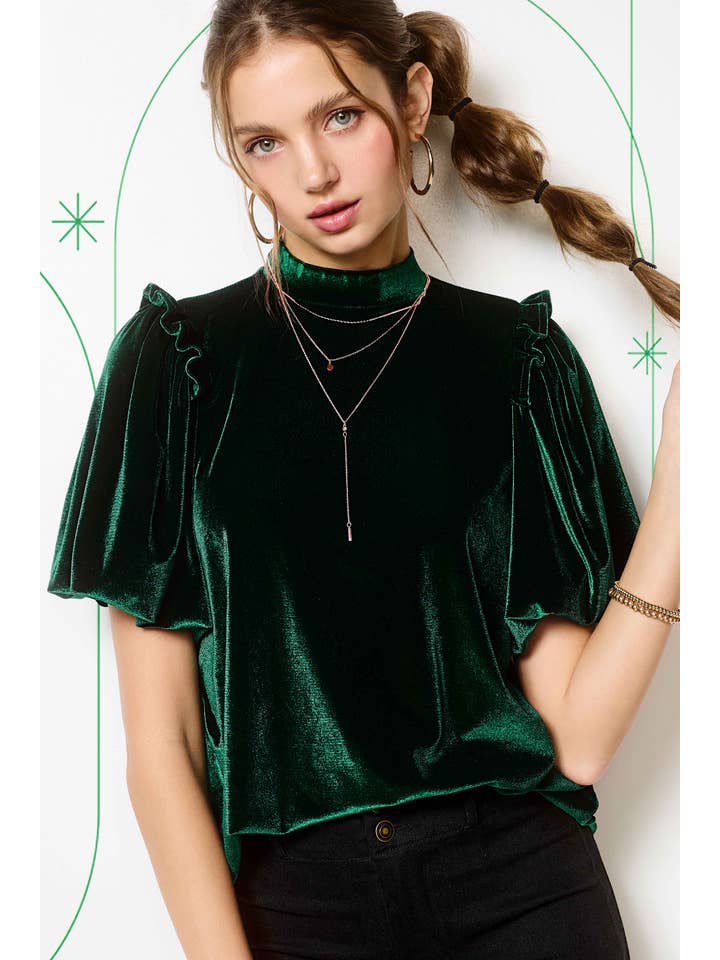 La Miel - Wholesale Blouse - Women's - HCT7681-Velvety Puff Fall Winter Short Sleeve Top