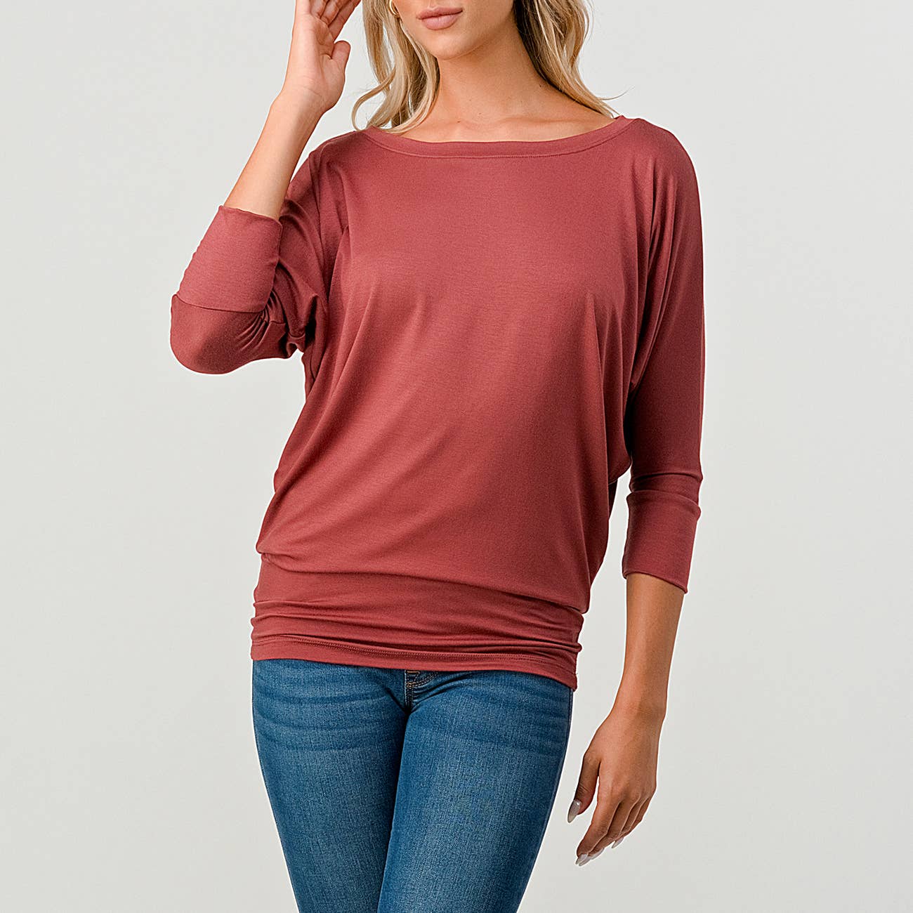Heimious - Wholesale Knit Top - Women's - 3/4 Dolman Sleeve Round neck Modal Jersey  Top, 250324