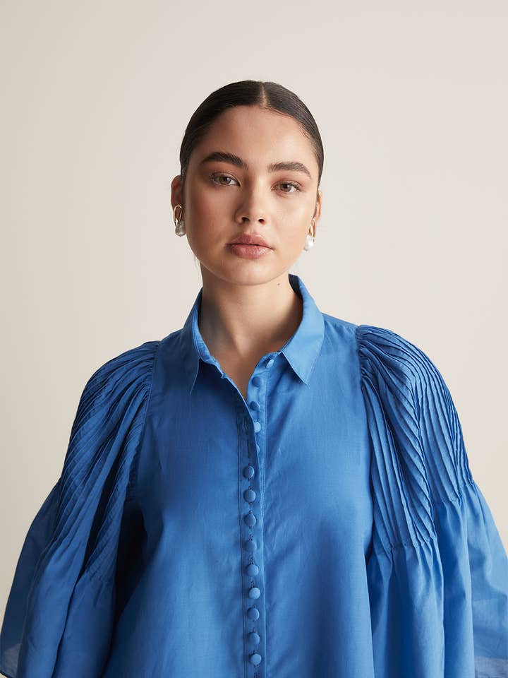 Lorraine Silk Cotton Trapeze Shirt | Cerulean Blue for wholesale on Faire