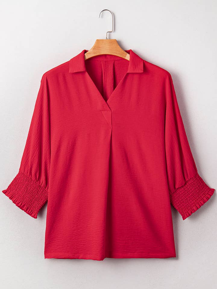 Fiery Red Plus Size Smocked Cuff Dolman Oversized Tunic Blouse for wholesale by Sweet Lover Fashion