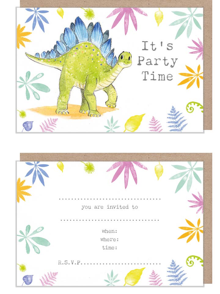 Partyeinladungen für Kinder, Dinosaurier-Design, Party01, 8 Stück für den Großhandel von Paper Shed Design Ltd