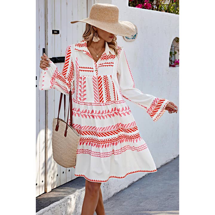 WHITE Allover Print Ruffle Button Trim Loose Dress for wholesale on Faire