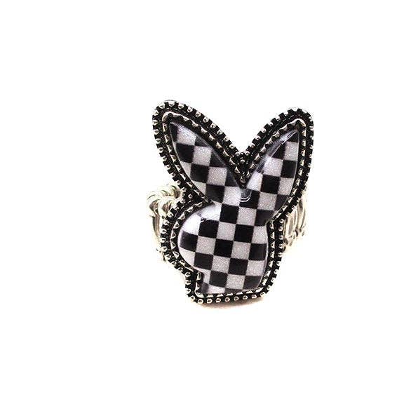 Snowing West - Wholesale Cocktail/Statement Ring - CHECKER BOARD BUNNY STRETCH RING