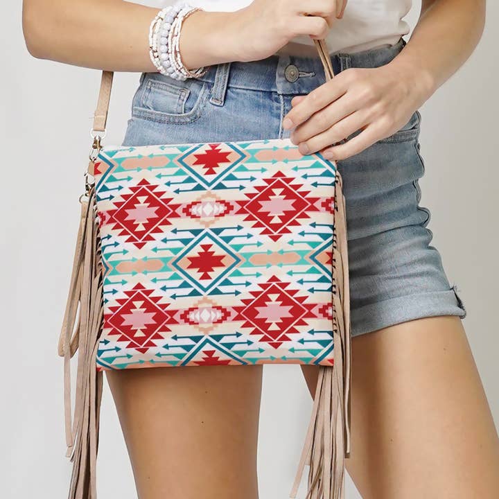 Bandolera con estampado geométrico azteca y borlas para venta al por mayor de Fashion City